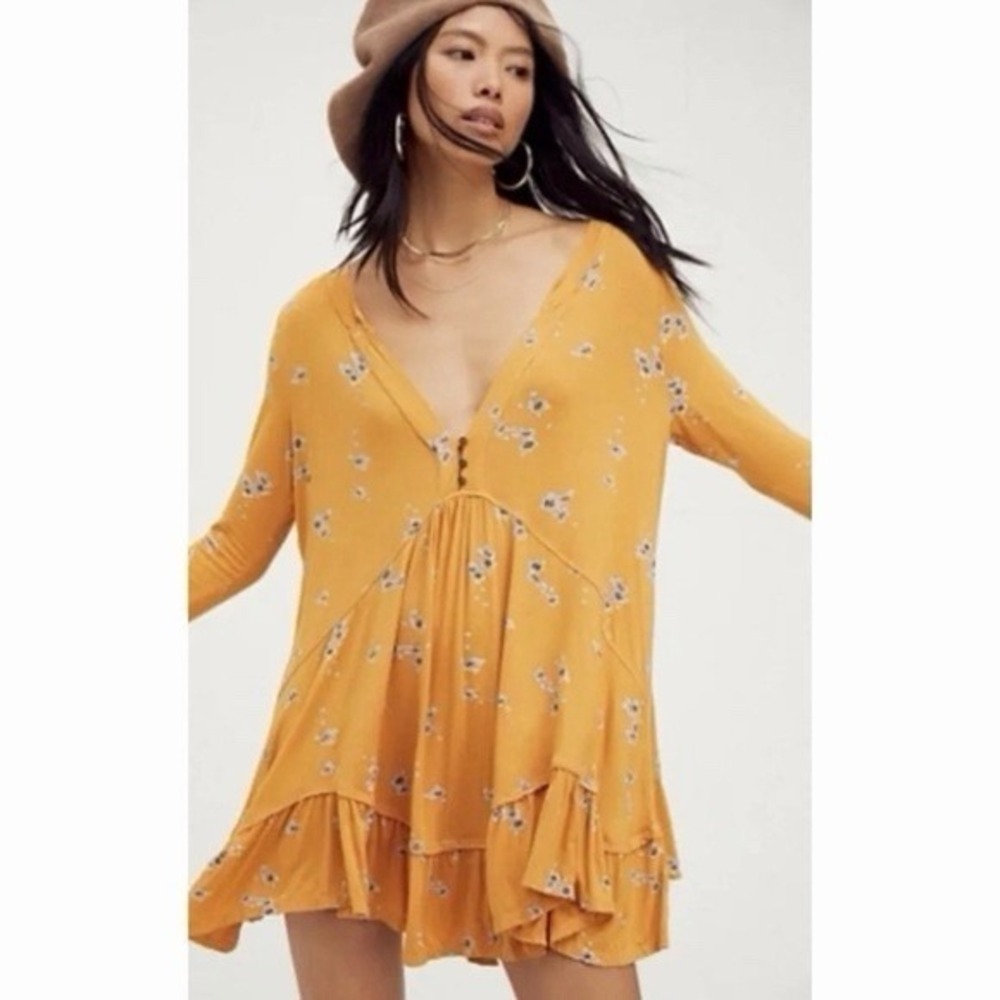 Free People Olivia Printed Tunic Dress Marigold Size Large Boho Babydoll